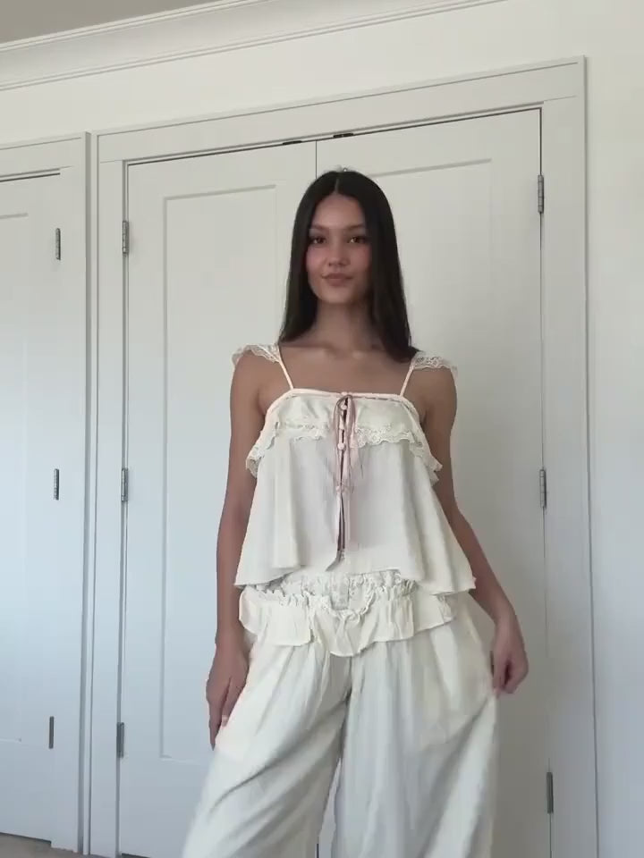 French Lace Trim Camisole + Harem Pants Set | Cream Crinkle Romantic Two-Piece