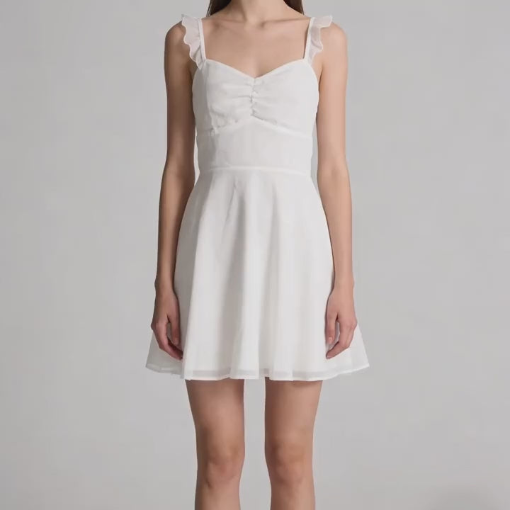 White Lace-Up Open Back Mini Dress | V-Neck Ruffle Strap A-Line Babydoll Sundress