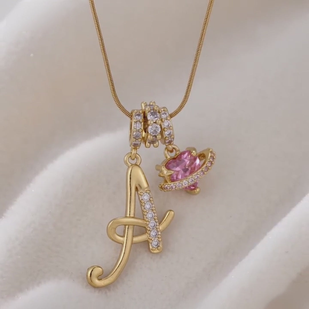 Personalized Pink Heart Saturn Initial Necklace – Dainty Gold &amp; Silver Letter Jewelry