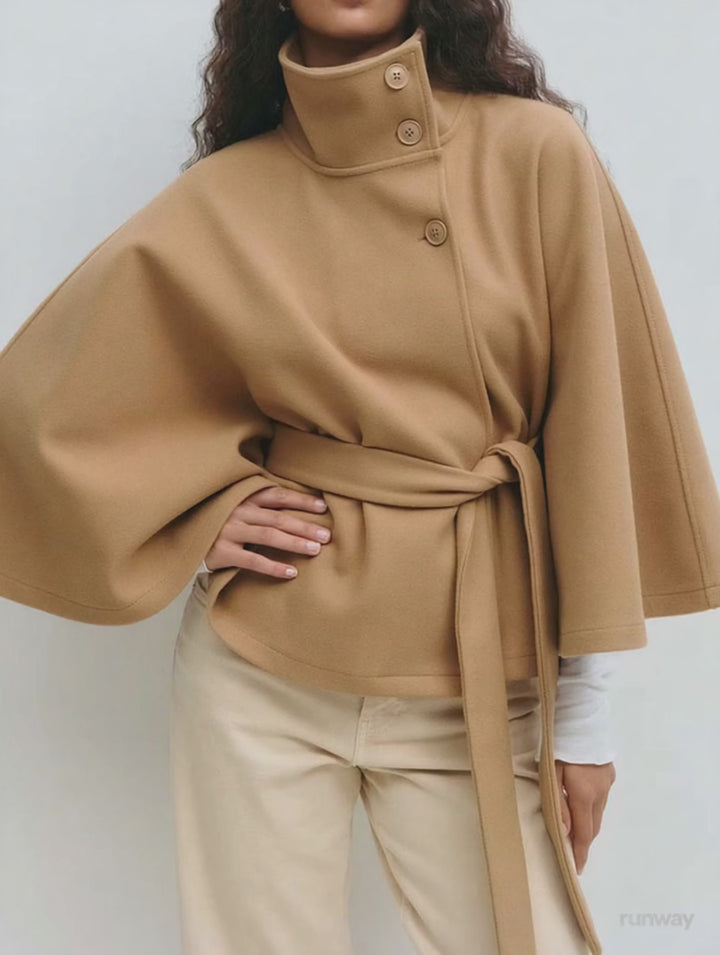 High-Neck Asymmetrical Button Cape Coat with Belt
