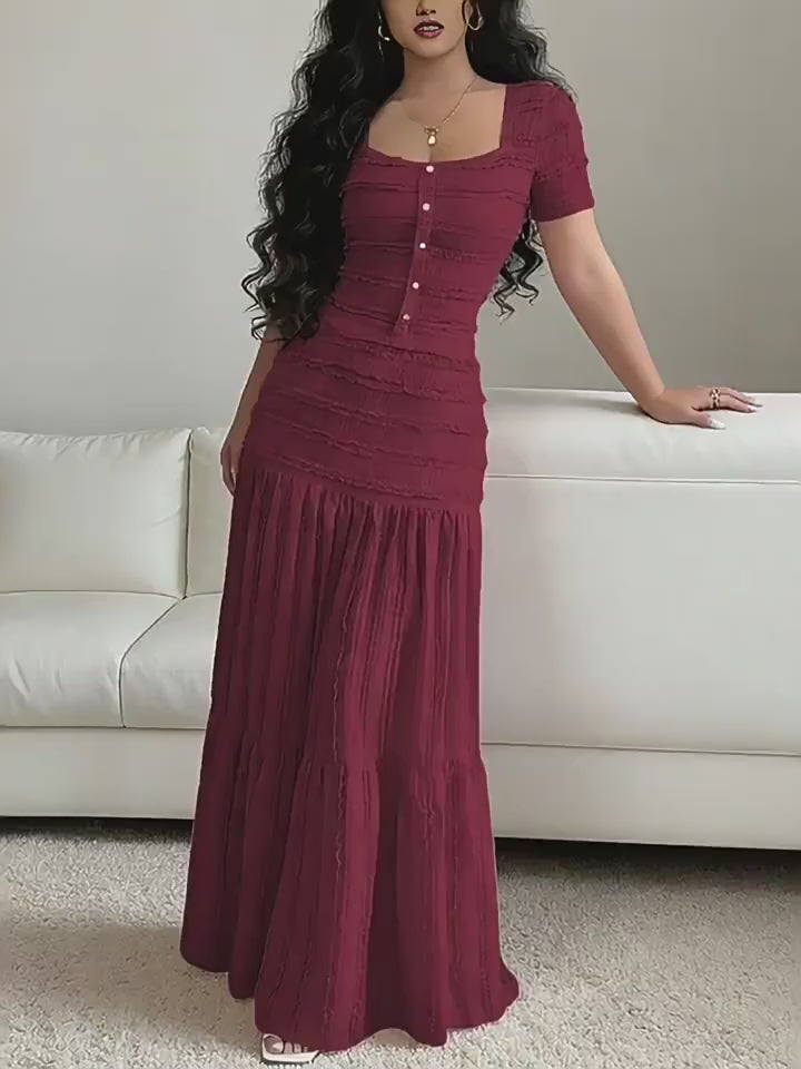 Square Neck Ruffled Textured Crop Top &amp;amp; Tiered Maxi Skirt Two-Piece Set