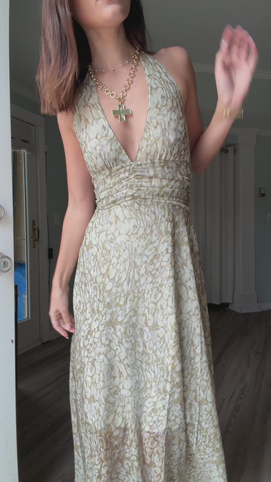 Halter Deep V Ruched Bodycon Maxi Dress | Olive Green Printed Mesh Evening Gown