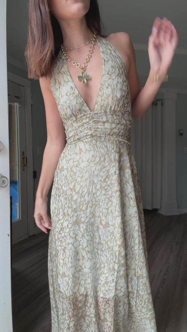 Halter Deep V Ruched Bodycon Maxi Dress | Olive Green Printed Mesh Evening Gown
