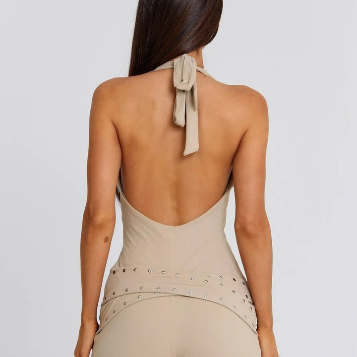 Studded halter-neck slim-fit jumpsuit