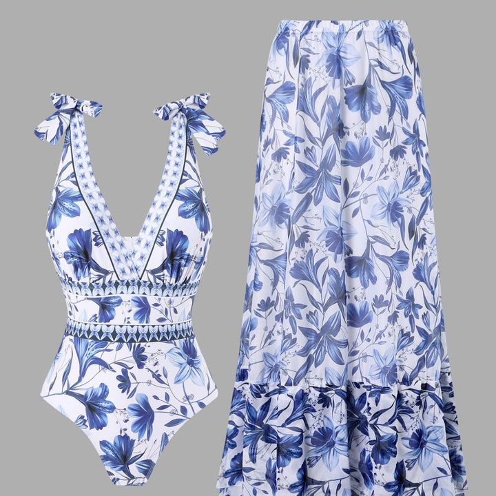 Floral One-Piece Swimsuit with Maxi Cover-Up Skirt Set