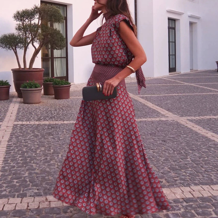 Retro Print Scarf Neck Top &amp;amp; Flowing Maxi Skirt Two-Piece Set