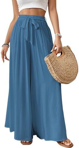 Floral Print Wide Leg Pants, High Waist Drawstring Palazzo Trousers
