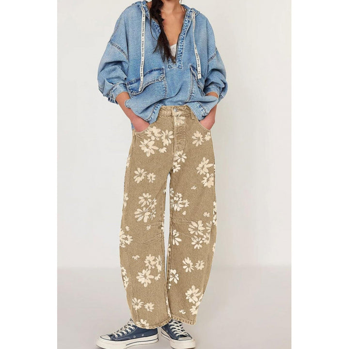 Women Y2k Distressed Barrel Jeans Baggy Wide Leg Jeans Floral Printed Boyfriend Patchwork Denim Pants