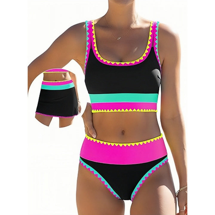 Neon Trim 3-Piece Tankini Swim Set with Skirt