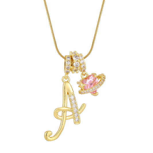 Personalized Pink Heart Saturn Initial Necklace – Dainty Gold & Silver Letter Jewelry