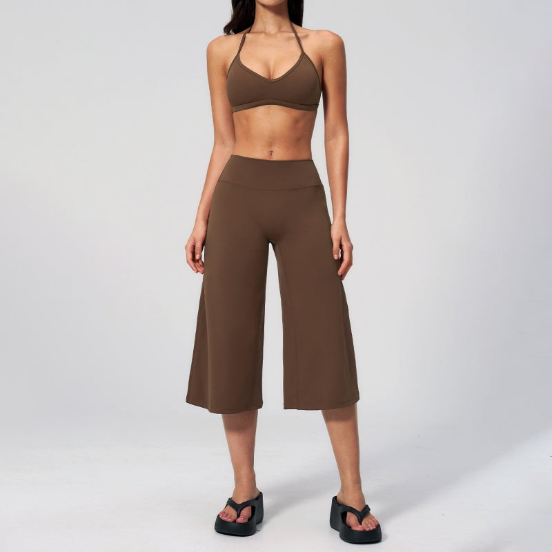 Halter V-Neck Crop Top High-Waist Culotte Pants Two-Piece Set
