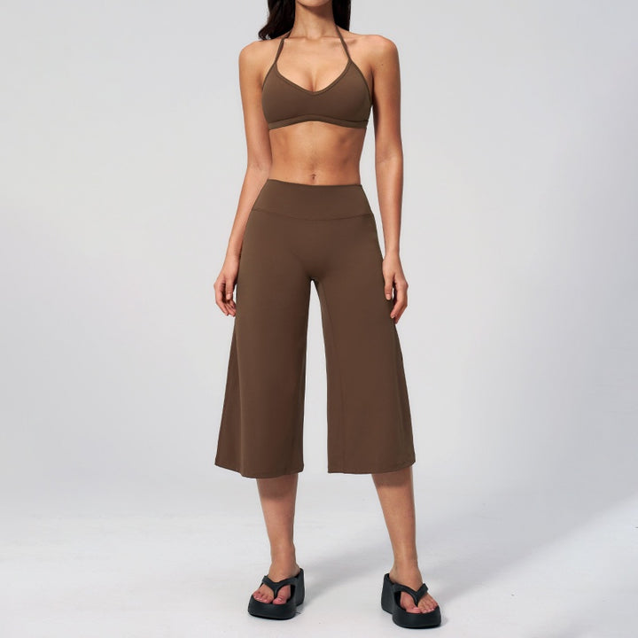 Halter V-Neck Crop Top High-Waist Culotte Pants Two-Piece Set