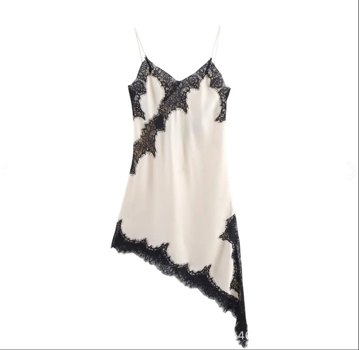 Lace Trim Satin Asymmetrical Slip Dress