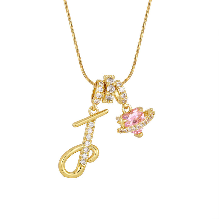 Personalized Pink Heart Saturn Initial Necklace – Dainty Gold &amp; Silver Letter Jewelry
