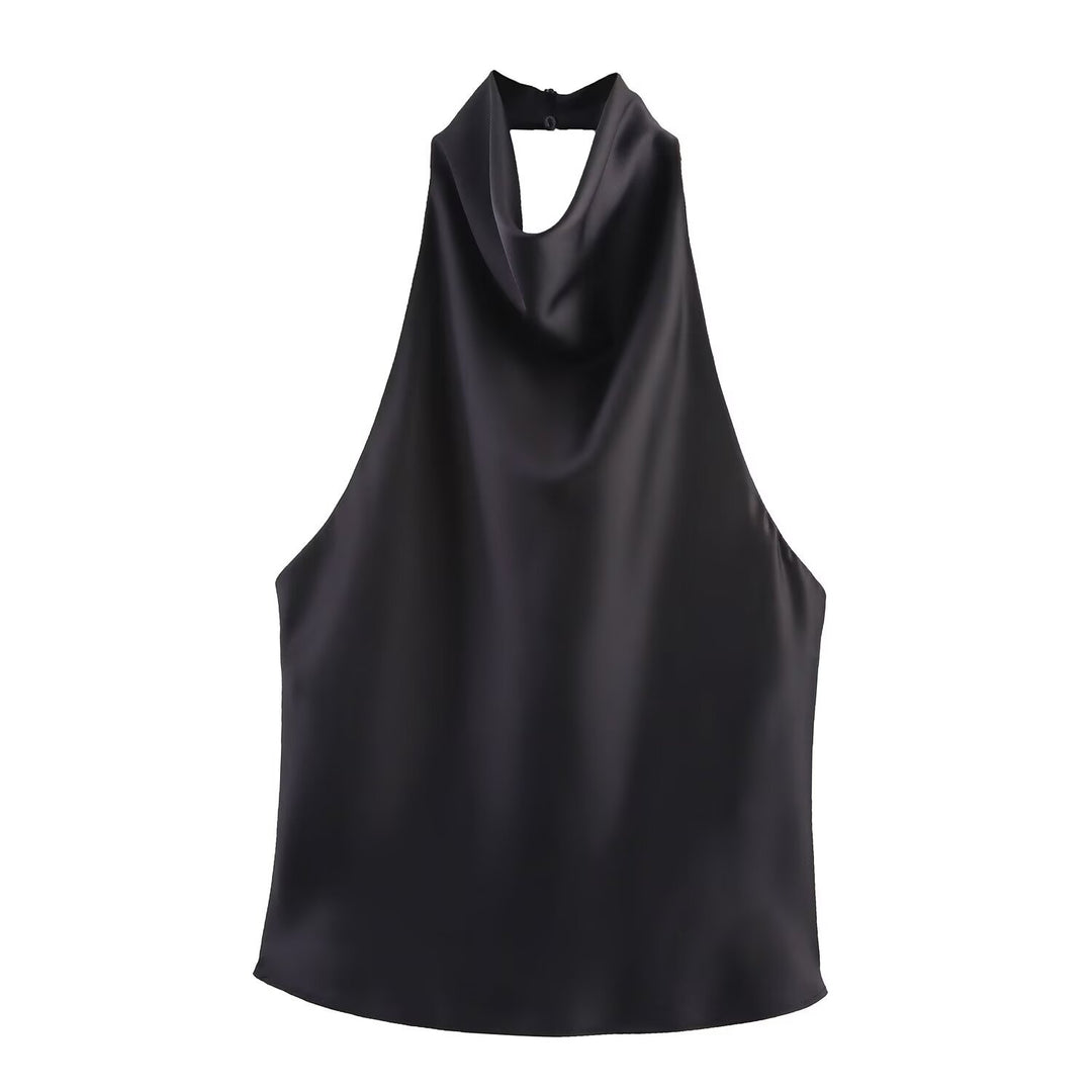 Chocolate Brown Cowl Neck Satin Halter Top, Elegant Sleeveless Blouse for Women