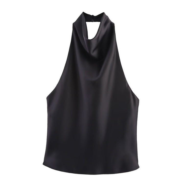Chocolate Brown Cowl Neck Satin Halter Top, Elegant Sleeveless Blouse for Women