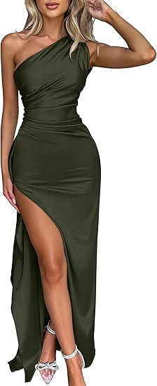 Champagne One-Shoulder Satin Maxi Dress | Ruched High Slit Elegant Evening Gown