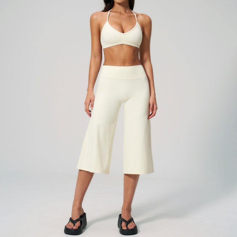 Halter V-Neck Crop Top High-Waist Culotte Pants Two-Piece Set