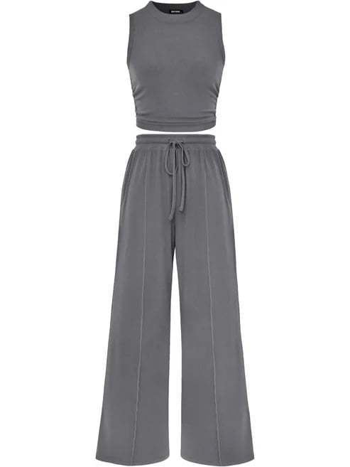 Two-Piece Outfit, Ruched Sleeveless Crop Top &amp; High-Waisted Wide Leg Pants Set