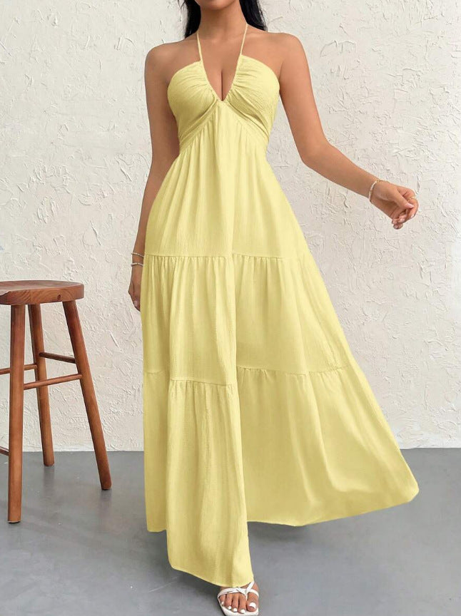 Halter Deep V Open Back Tiered Maxi Dress