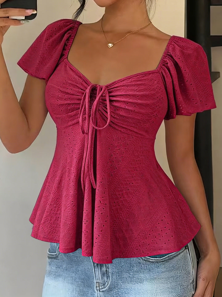White Eyelet Square Neck Peplum Blouse with Tie Detail
