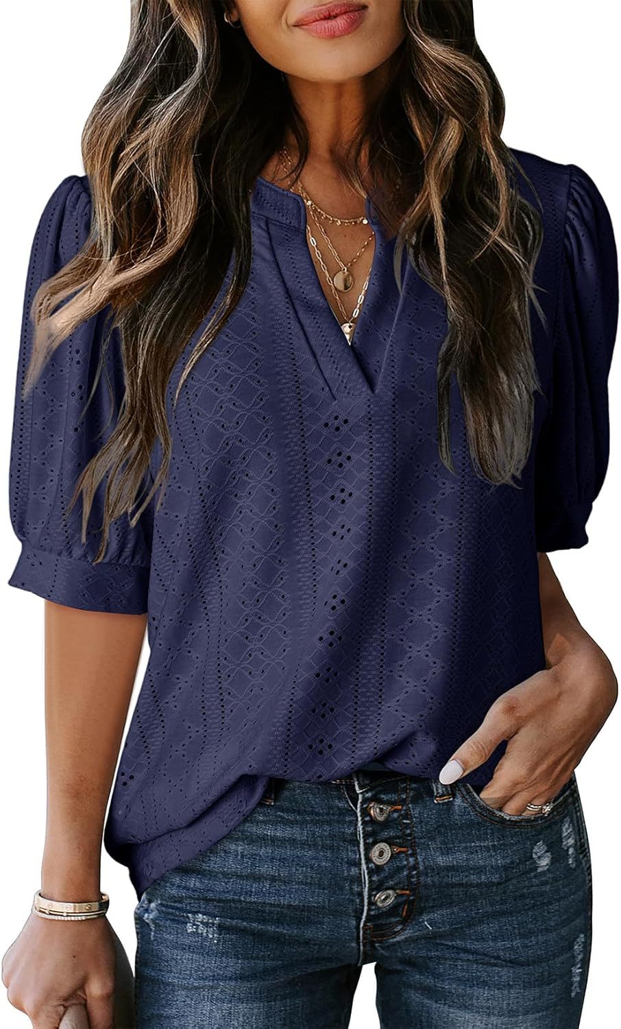 Eyelet Puff Sleeve Split Neck Blouse