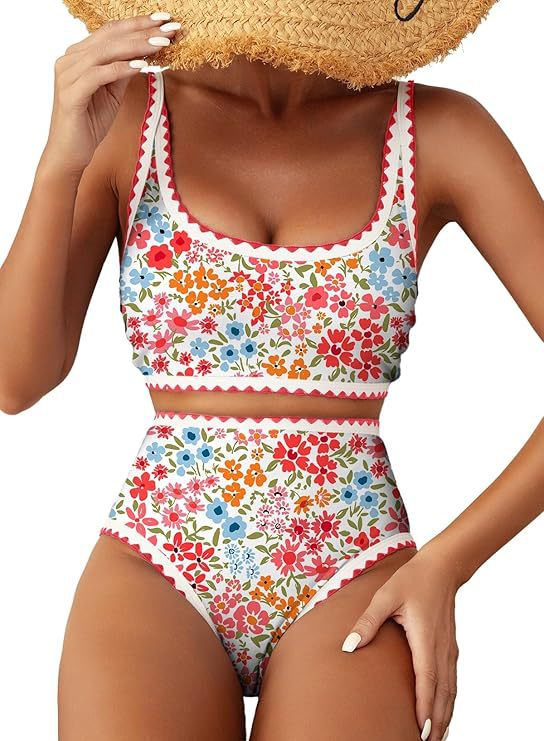 Women Bikini Sets Floral Print Whip Stitch 2 Piece Swimsuits High Waisted Scoop Bathing Suits