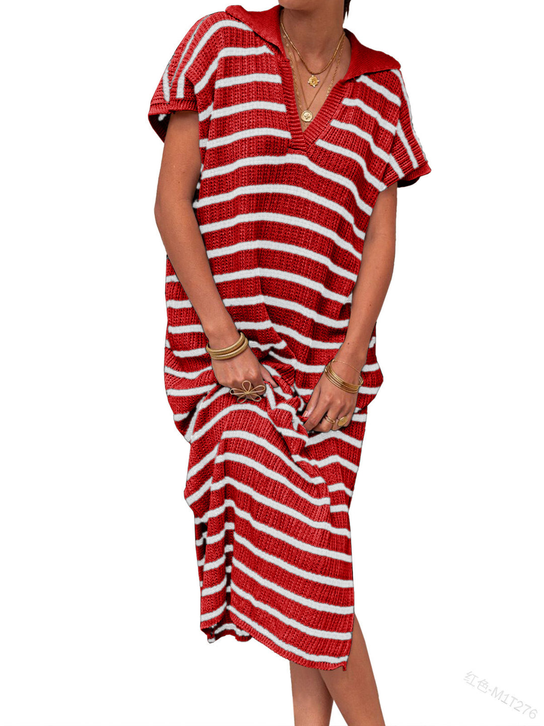 Black &amp;amp; White Striped Knit Polo Midi Dress