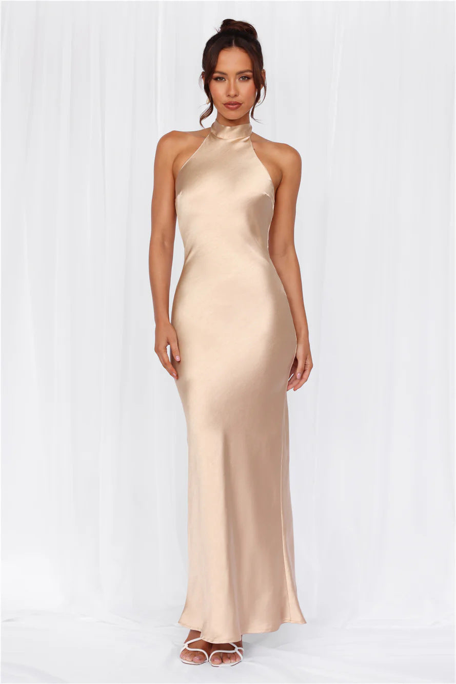 Halter Neck Satin Maxi Dress | Elegant Mermaid Evening Gown