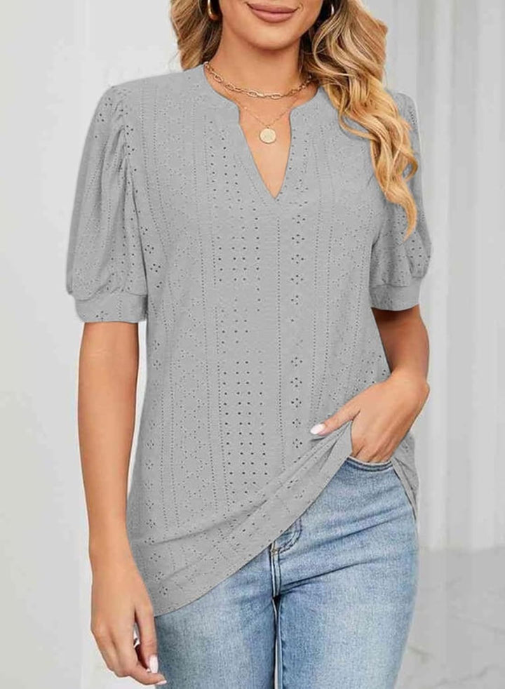 Eyelet Puff Sleeve Split Neck Blouse