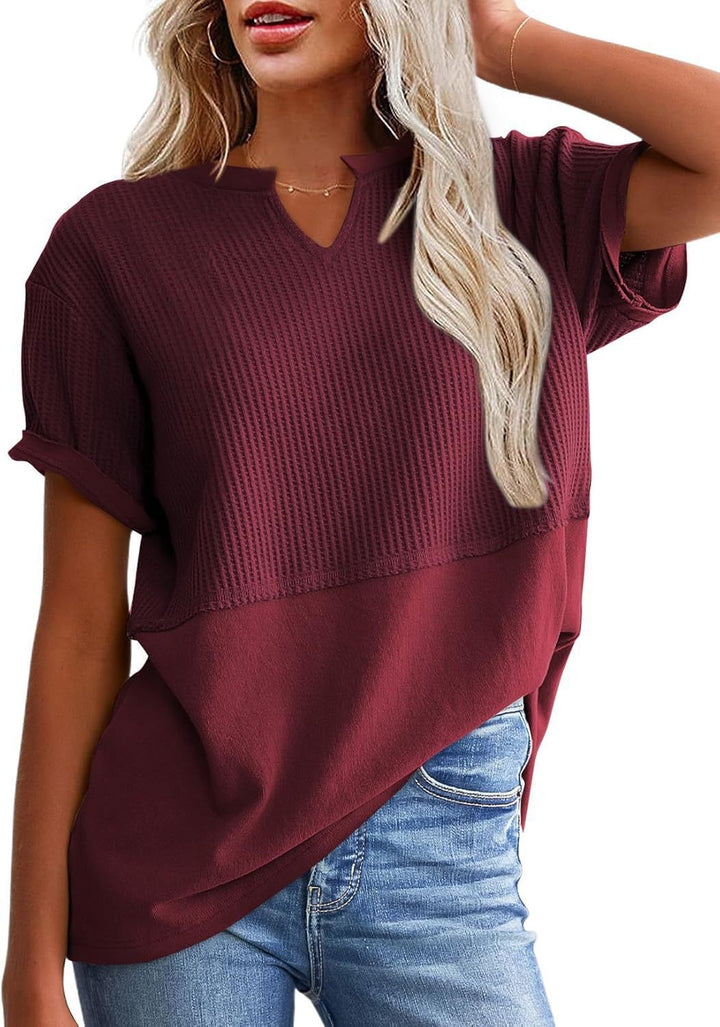 Waffle Knit Split-Neck Short Sleeve Top, Soft Textured Casual Tee