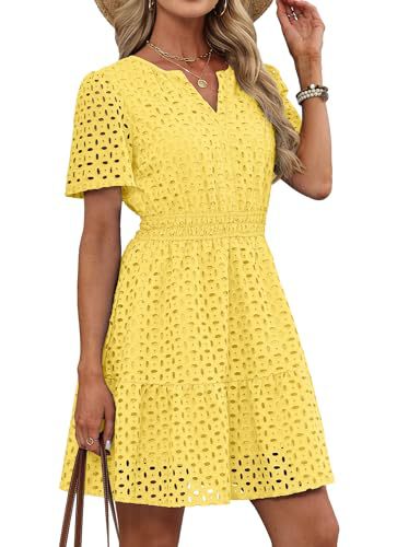 Eyelet Embroidery Short Sleeve Mini Dress, Smocked Waist Casual Summer Dress