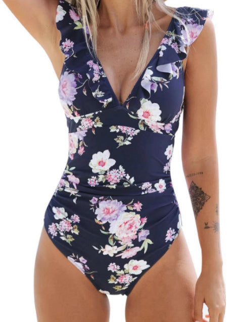 Floral Ruffle-Shoulder Ruched One-Piece Swimsuit