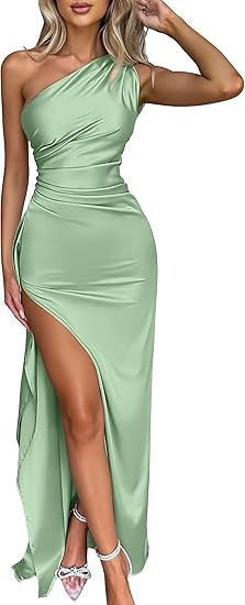 Champagne One-Shoulder Satin Maxi Dress | Ruched High Slit Elegant Evening Gown