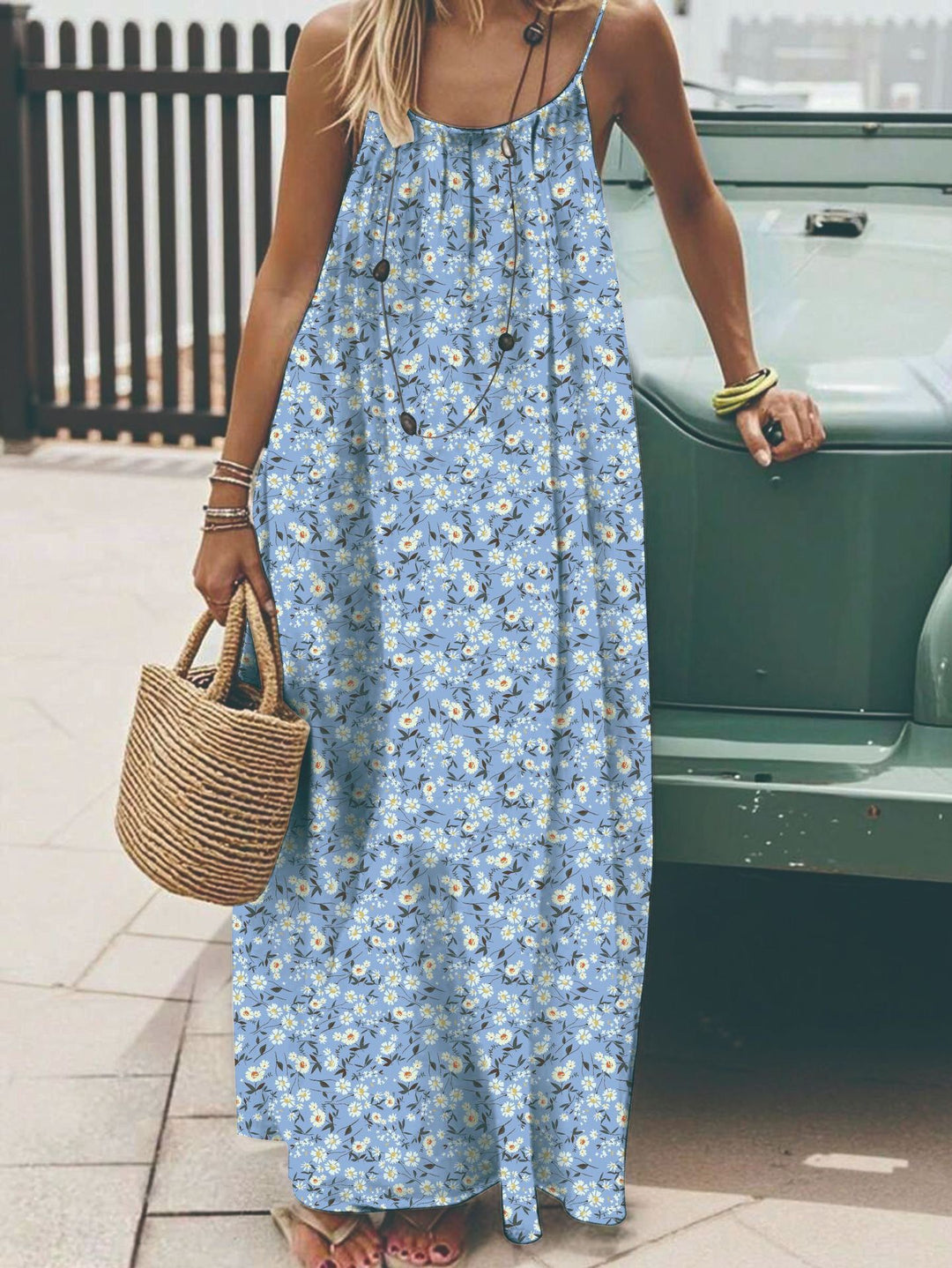 Leaf Print Spaghetti Strap Maxi Dress