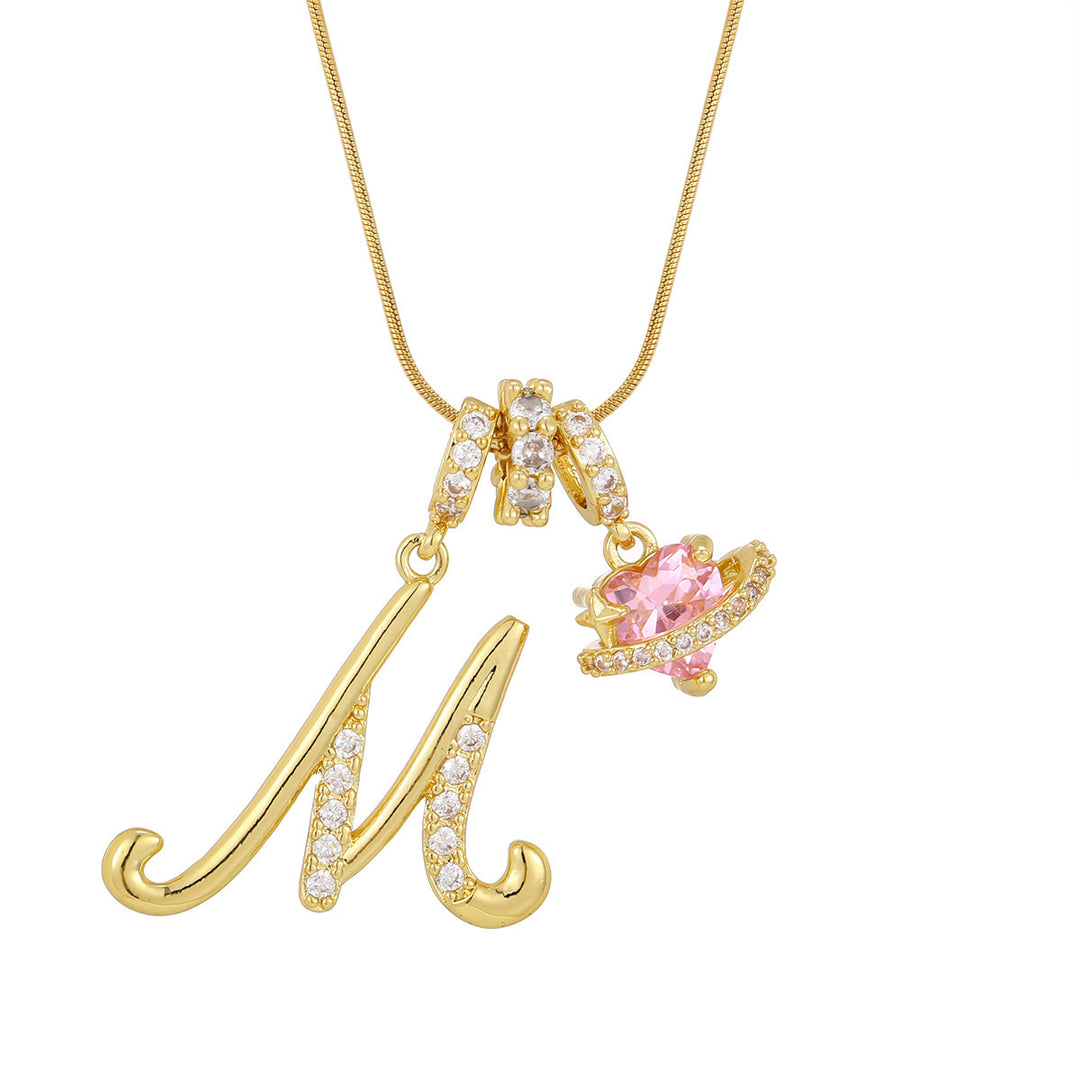 Personalized Pink Heart Saturn Initial Necklace – Dainty Gold &amp; Silver Letter Jewelry