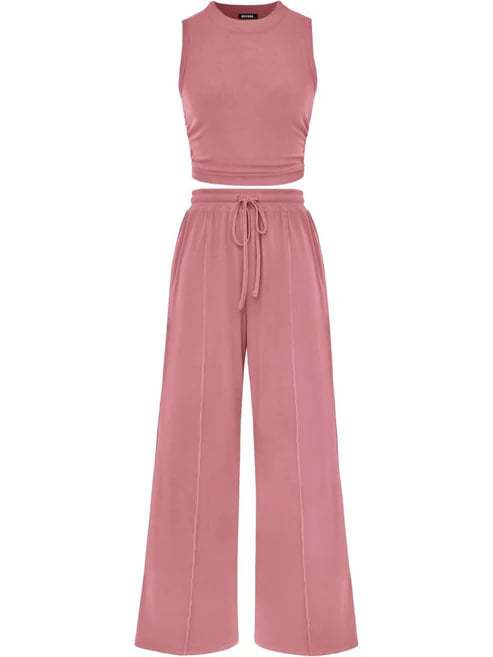 Two-Piece Outfit, Ruched Sleeveless Crop Top &amp; High-Waisted Wide Leg Pants Set
