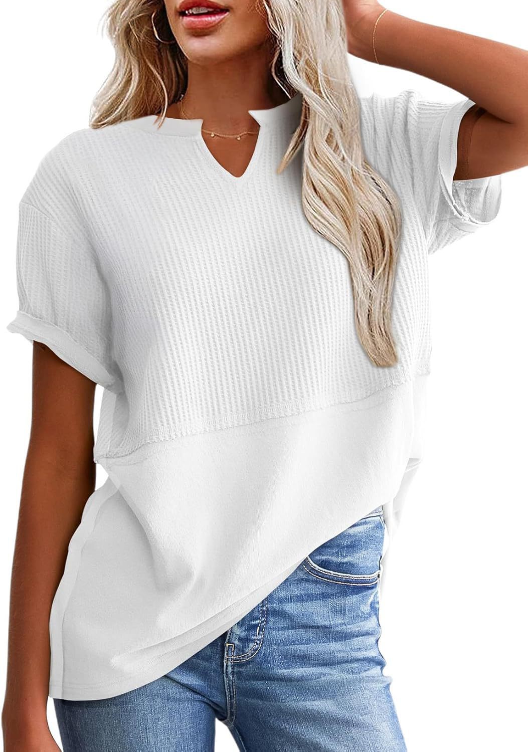 Waffle Knit Split-Neck Short Sleeve Top, Soft Textured Casual Tee