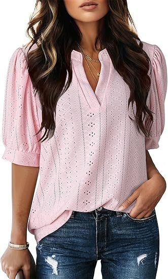 Eyelet Puff Sleeve Split Neck Blouse