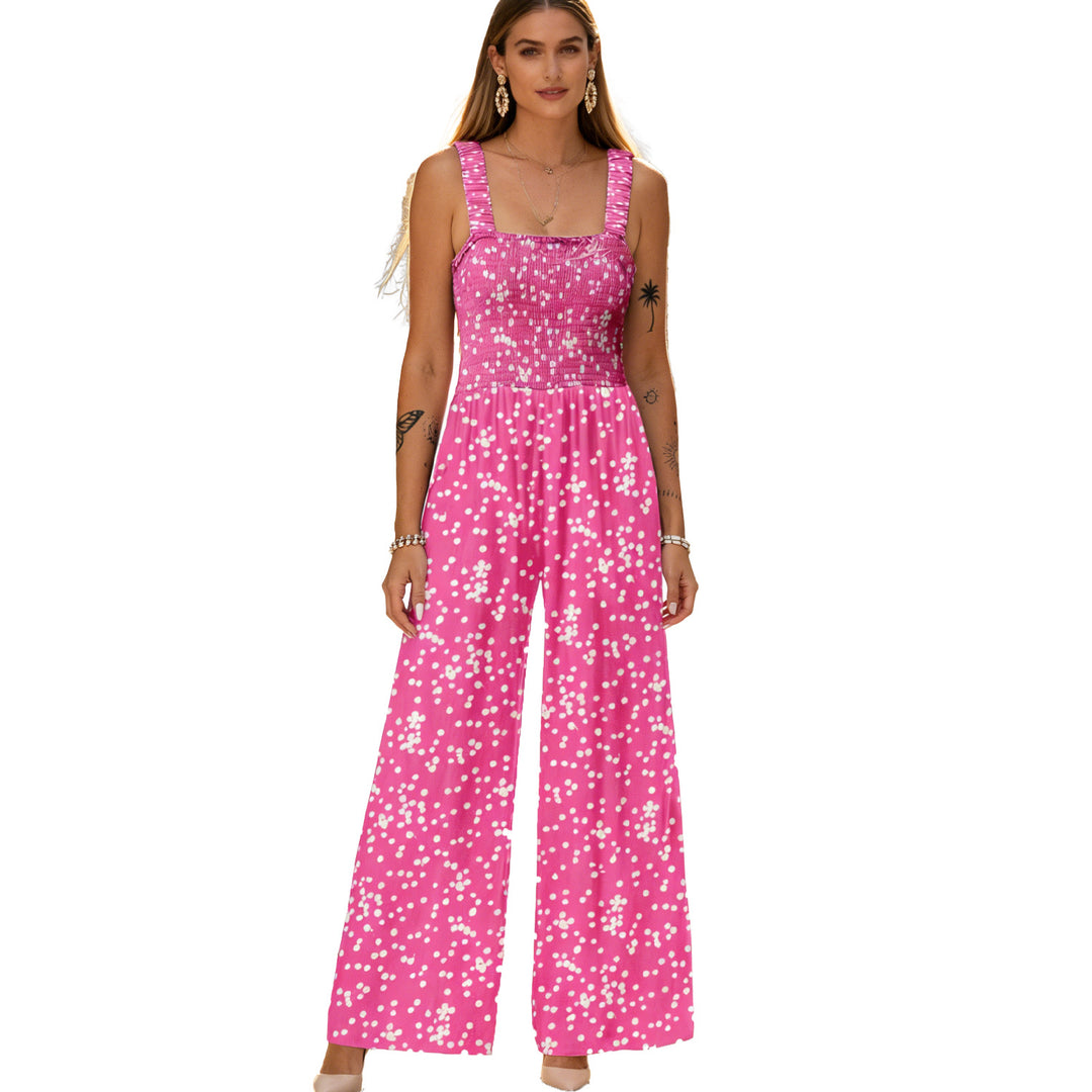 Floral Print Square Neck Smocked Wide-Leg Jumpsuit, Sleeveless Summer Jumpsuit