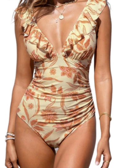 Floral Ruffle-Shoulder Ruched One-Piece Swimsuit