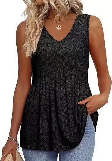 Eyelet Embroidery V Neck Sleeveless Peplum Tank Top With Side Pockets