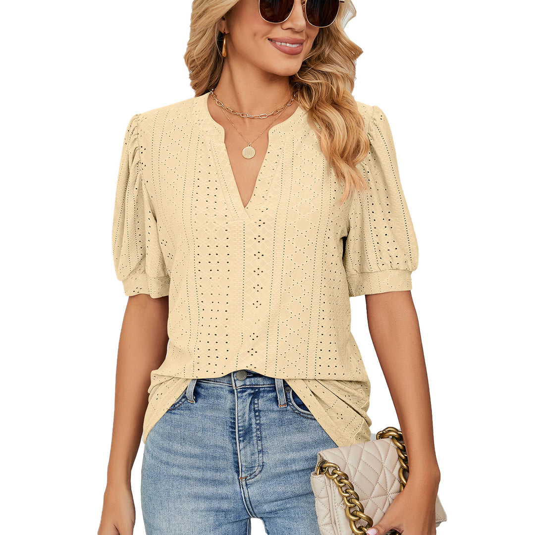 Eyelet Puff Sleeve Split Neck Blouse