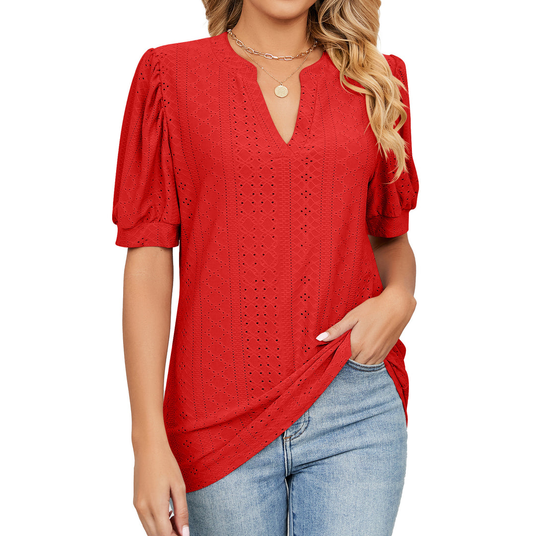 Eyelet Puff Sleeve Split Neck Blouse