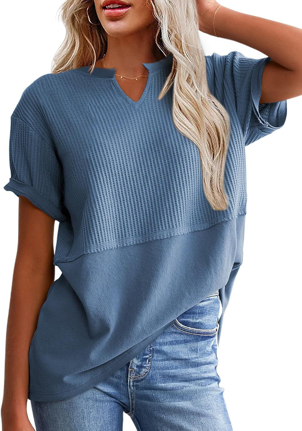 Waffle Knit Split-Neck Short Sleeve Top, Soft Textured Casual Tee