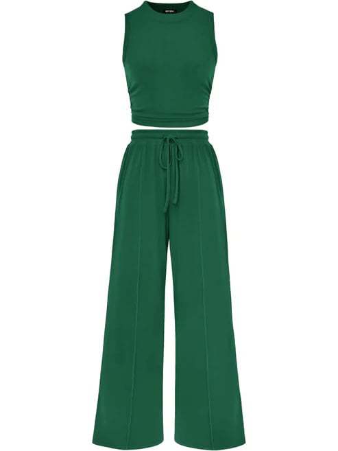 Two-Piece Outfit, Ruched Sleeveless Crop Top &amp; High-Waisted Wide Leg Pants Set