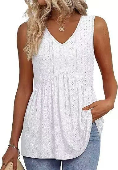 Eyelet Embroidery V Neck Sleeveless Peplum Tank Top With Side Pockets