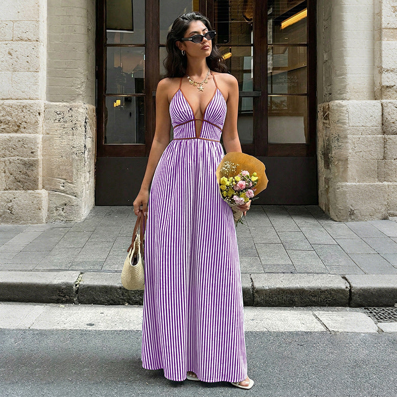 Women Striped Halter Maxi Dress Backless Smocked Beach Vacation Boho Dress