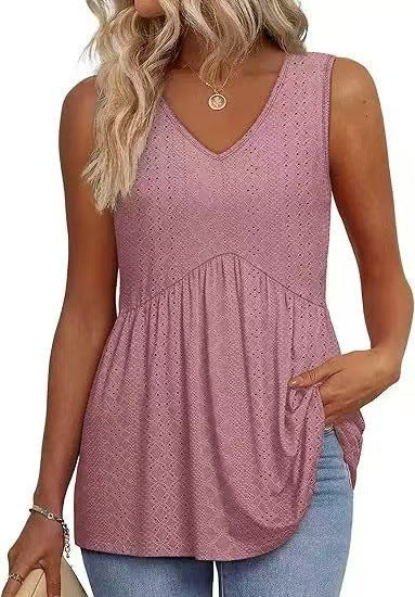 Eyelet Embroidery V Neck Sleeveless Peplum Tank Top With Side Pockets