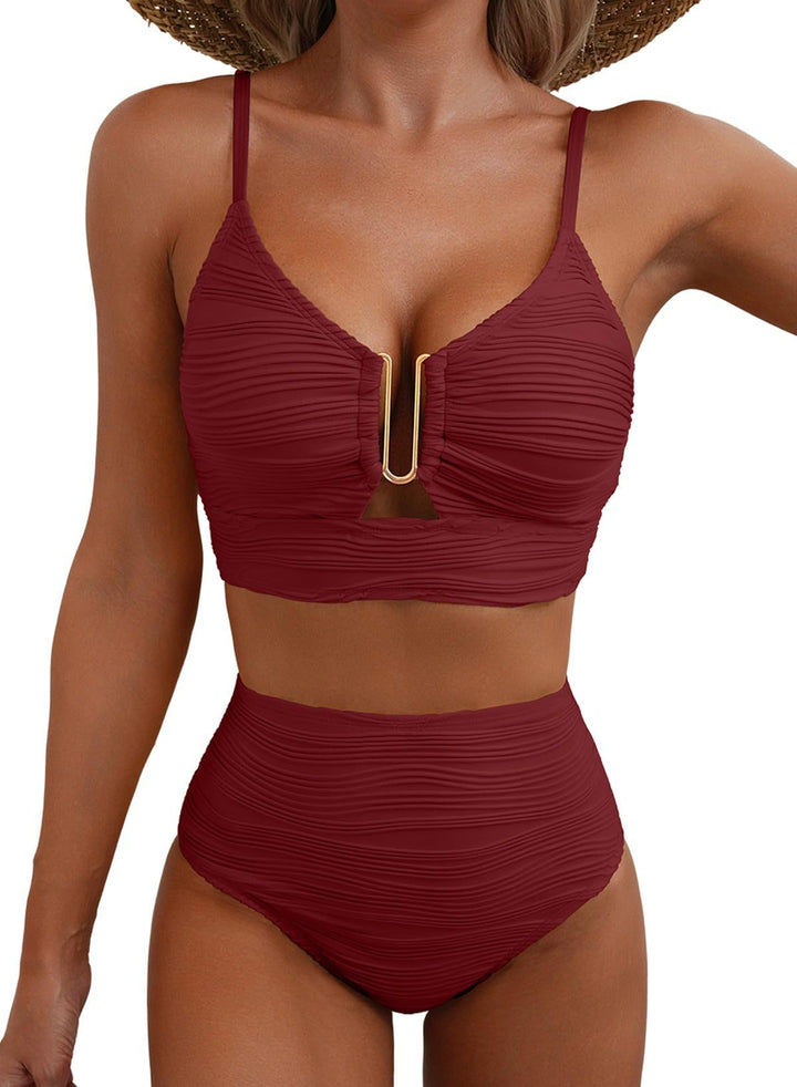 2 Piece Bikini Set U-Wire Cutout Popular Swimsuit High Waisted Textured 2026 Summer Beach Swim Bathing Suits